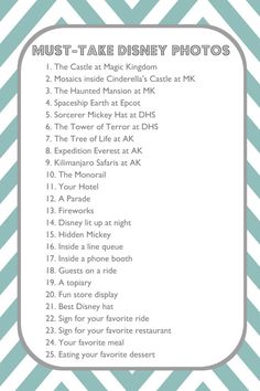 the must - take disney photos list is shown on a blue and white chevron background