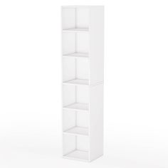 a tall white bookcase with four shelves on each side and one section open to show the contents