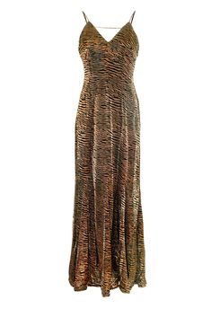 Luxurious stunning brown tiger velvet burnout maxi dress. Featuring a fitted silhouette, delicate spaghetti straps, and a daring open back with intricate strap details, this dress is sure to turn heads. The metallic tiger stripe design adds a touch of glamour to the V-neckline and zip back fastening. Experience the allure and sophistication of this must-have dress. 97% Polyester, 3% Elastane Hand wash Metallic Trousers, Brown Tiger, Velvet Burnout, Dresses Xxl, Halterneck Dress, Pink Mini Dresses, Fitted Silhouette, Dress C, Velvet Fabric