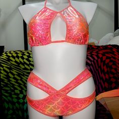 Never Worn. Pink, Orange, Yellow. Is An Xl But Fits An L-Xl Pink Mermaid Swimwear For Beach Season, Pink Mermaid Swimwear For The Beach, Pink Mermaid Beach Swimwear, Mermaid Bathing Suit, Pink Orange Yellow, Dolls Kill, Orange Pink, Orange Yellow, Pink Orange