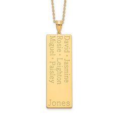 Show your family names in style with this striking family pendant fashioned from yellow gold plated sterling silver. This pendant may be customized with 6 first names and 1 last name (up to 9 characters each) in Batang font. Polished finish for perfect shine this fabulous pendant dangles from 18-inch cable chain with lobster clasp security. Up to 6 first names can be given, to be engraved top to bottom left justified, then top to bottom in second column. Last name given last (in order) and to be Family Pendant, Jared The Galleria Of Jewelry, Family Names, Loose Stones, Precious Jewelry, Gold Plated Sterling Silver, First Names, Cable Chain, How To Take Photos