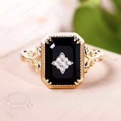 "❤Jewelry Details -Gold Type : 18k two tone gold / 14k two tone gold / 10k two tone gold(Choose One in Material Option) Center Stone: Natural Black Onyx 8*11mm, Approximately 2.8ct Cut: Emerald Cut / 3EX Stone Type: Diamond,0.03ctw Color: G-H Clarity: SI1 Cut: Round Cut / 3EX Band Width: Approximately 1.6mm SKU: YR0277 ❤The link for the same style necklace is https://www.etsy.com/listing/919600248/vintage-black-onyx-pendant-necklace-pave?ref=shop_home_active_1&frs=1 ❤The link for the same st Art Deco Flower, The Bling Ring, Black Onyx Earrings, Sparkly Things, Onyx Jewelry, Dope Jewelry, Gold Art Deco, Onyx Earrings, Black Onyx Ring