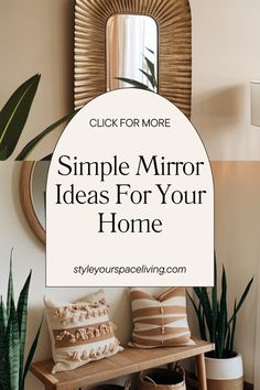 a mirror sitting on top of a wooden table next to plants and potted plants