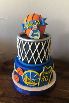 a three tiered cake with basketballs on top