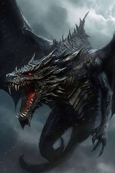 a black dragon with red eyes and sharp teeth