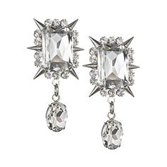 Crystal square earrings with spikes and pendant drop.50% hypoallergenic silver toned brass, 50% glassClip on closure Made in Italy Luxury Jeweled Silver Earrings, Rich Jewelry, قلادات متدلية, Chevron Jewelry, Alessandra Rich, Chic Earrings, Luxury Women Fashion, Ring Watch, Square Earrings