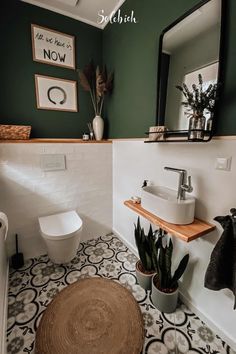 a bathroom with green walls and black and white tile flooring, potted plants on the counter