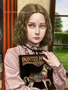 a painting of a girl holding a book with a horse on it's cover