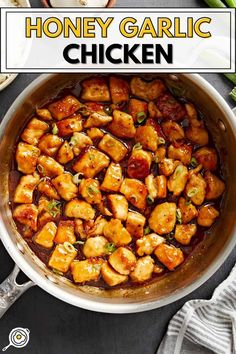 honey garlic chicken in a skillet with text overlay