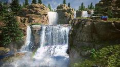 an artist's rendering of a waterfall in the wilderness