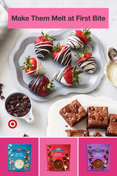 some strawberries and chocolates are on a white plate with pink border around them