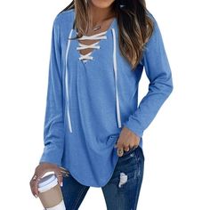 Made of breathable, soft-touch cotton blended and polyester, the Women Long Sleeve Lace Up V Neck Long Sleeve Top is a good choice for your wardrobe. It is perfect to match with a pair of jeans, shorts, leggings, sneakers, heels, etc. The long sleeve, v neck, the lace-up design will make you look more flattering and more energetic. The women's pullover shirt is perfect for various occasions, like dating, office, vacation, holiday, shopping, leisure time. Take a look at our store "Nlife LLC", you Light Blue Cotton Tops For Fall, V-neck Relaxed Fit Top For Leisure, Relaxed Fit V-neck Top For Leisure, Winter Stretch Tops For Leisure, Light Blue Long Sleeve Solid Color Top, Light Blue Long Sleeve Solid Top, Light Blue Solid Color Tops For Fall, Light Blue V-neck Top For Fall, Light Blue Tops For Loungewear In Fall