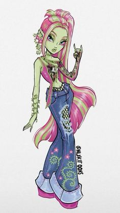 a drawing of a monster girl with pink hair and green eyes, wearing a blue dress