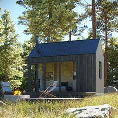 a small cabin in the middle of some trees