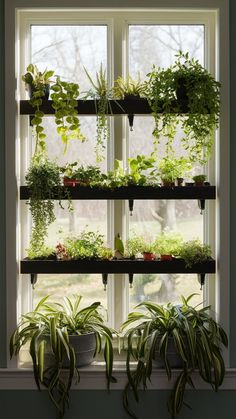 a window sill filled with lots of plants