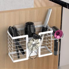 a white basket filled with hair products on top of a wooden door