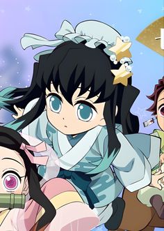 two anime characters with blue eyes and long black hair, one is holding a camera