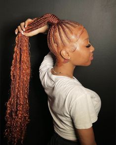 French Braided Ponytail Hairstyles, Medium Feed In Ponytail, Braided Ponytail Hairstyles Black Women With Color, Ginger Scalp Braids, Small Feedin Ponytail Hairstyles, Feedin Ponytail Hairstyles, Boho Stitch Braids Ponytail, Braided Ponytail Designs, Boho Stitch Braid Ponytail