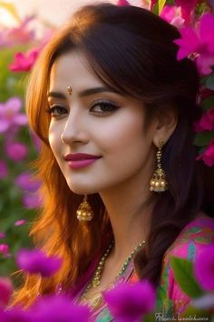 a woman with long hair and earrings standing in front of flowers