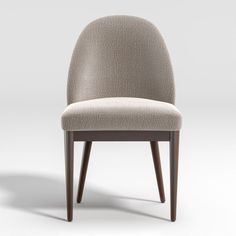 an upholstered chair with wooden legs and a beige seat, viewed from the side