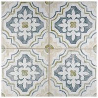 an artistic tile design with blue and white flowers in the center, as well as green accents