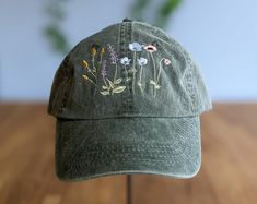 Washed Coton Baseball Cap,floral Hand Embroidered Baseball Cap, Large Hand Embroidery,curved Brim Baseball Hat,colorful Summer Hat - Etsy Cotton Baseball Cap With Floral Embroidery, Floral Embroidered Cotton Baseball Cap, Cotton Baseball Cap With Embroidered Curved Visor, Casual Baseball Cap With Custom Embroidery, Green Cotton Baseball Cap For Spring, Spring Green Cotton Baseball Cap, Spring Embroidered Patch Baseball Cap, Spring Baseball Cap With Embroidered Patch, Green Cotton Trucker Hat For Spring