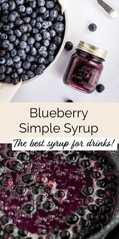 blueberry simple syrup in a glass bowl with spoons next to it and the recipe below