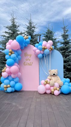 a teddy bear sitting in front of a pink and blue arch with balloons on it