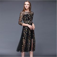 Lace Embroidery Flower Black Dress - Uniqistic.com Fitted A-line Floral Dress With Embroidery, Spring Evening Midi Dress With Floral Embroidery, Evening Midi Dress With Floral Embroidery For Spring, Elegant Black Floral Dress For Spring, Chic Midi-length Embroidered Dress With Floral Print, Knee-length Floral Embroidered Dresses For Fall, Floral Embroidered Knee-length Dress For Fall, Knee-length Dresses With Floral Embroidery For Fall, Floral Embroidery Knee-length Dress For Fall