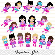 the superhero girls clipart set is shown in various styles and colors, including pink, blue