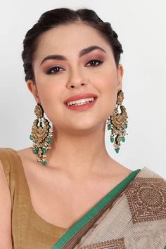 Shop for Auraa Trends Kundan Embellished Chandbali Earrings Online at Aza Fashions Elegant Green Chandbalis For Eid, Green Chandbali Kundan Necklace For Eid, Eid Kundan Necklace With Chandbali Shape, Eid Green Chandbali Kundan Necklace, Green Chandbalis With Gota Work For Festive Occasions, Heavy Green Chandbalis For Eid, Green Chandbalis For Eid Festival, Green Chandbalis For Eid Festivities, Green Chandbalis For Eid Festive Occasions