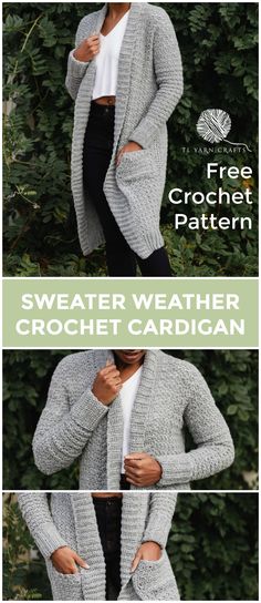 a woman wearing a gray sweater and black pants with the text free crochet pattern