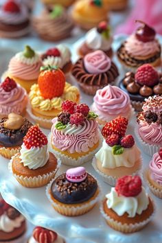 there are many different cupcakes on the plate and one is decorated with strawberries