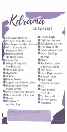 the kdrama checklist is shown in purple and white with words on it