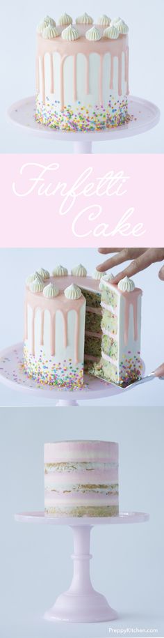 three different views of a cake with frosting and sprinkles on it