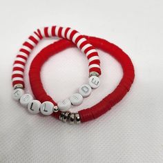 Themed Personalized Red Bracelets, Themed Red Bracelet For Friendship, Personalized Themed Red Bracelets, Personalized Red Letter Beads Bracelet, Adjustable Red Beaded Bracelets For Personalized Gift, Red Custom Name Bracelet For Friendship, Football Bracelet, Port Arthur, Alabama Roll Tide