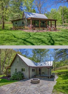 before and after pictures of a ranch style home in the country side yard with stone patio