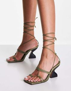 ASOS DESIGN Helix strappy tie leg heeled sandals in olive | ASOS Olive Heels, Strappy Platform Heels, Strappy Block Heel Sandals, Jeweled Heels, Tie Up Heels, Strappy Block Heels, High Heel Mules, Strappy High Heels, Wrap Sandals