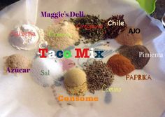 various types of taco mix on a table