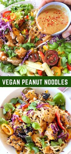 vegan peanut noodle salad is shown with dressing in the bowl and on the plate