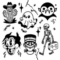 various halloween stickers with skulls, skeletons and cacti in black and white