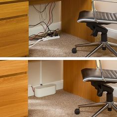 two pictures of an office chair and desk