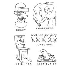 an image of various facial expressions drawn in black and white with text that reads, rest awareness conscious acid ikea lost but ok