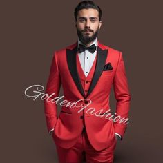 This is a Classy 3 Piece Suit by GoldenfashionStore /crafted from high quality fabric and imported materials. Our products are handcrafted by experienced tailors who make sure the that the stitching is precise, lining is proper and the overall product is sturdy enough to not go out of shape for more than a few years. Also all our products have extra margins in their length, sleeves, sides so it's easily alterable if your size changes after some time. To see more available colours and designs in Fitted Red Suits For Ceremony, Red Fitted Suit For Groom, Red Fitted Suits For Wedding, Fitted Red Suit For Ceremony, Red Fitted Suits For Ceremony, Red Fitted Tuxedo For Wedding, Red Wedding Suit With Suit Collar, Tailored Red Sets For Wedding, Fitted Sets With Suit Collar For Ceremony