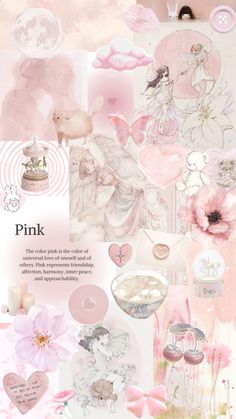 a collage of pink and white images with hearts, flowers, and other things