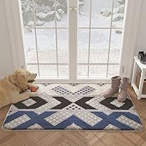 a dog laying on top of a rug in front of a sliding glass door next to a pair of boots