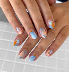 Lights Lacquer Nail Art, Blue Pastel Nails Design, Blue Retro Nails, Light Blue And Orange Aesthetic, Nail Art Baby Blue, Baby Boy Nail Ideas, Blue And Gold Nail Designs, Light Blue Nails With Design, Light Blue Nail Ideas