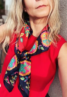 "Bright and bold colours, with a fabulous design. This scarf is one of our favourites! It's a great way to add some colour to any outfit. Measures  28\" square" Trendy Multicolor Square Silk Scarf, Chic Multicolor Square Silk Scarf, Chic Multicolor Scarves For Summer, Chic Multicolor Summer Scarves, Vibrant Multicolor Scarves, Bright And Beautiful, Scarf Tying, Silver Bangle Bracelets, Vintage Lover