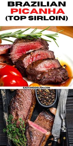 steaks and vegetables on a plate with text overlay that reads how to cook the best brazilian top sirloin