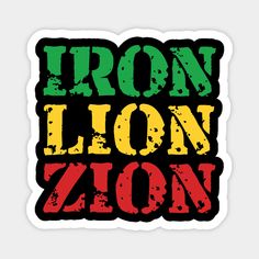 the words iron lion and zon on a black background with raspberry red, yellow and green colors